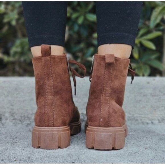 Womens Suede Brown Combat Ankle Boots Lace Up Heeled - Picture 5 of 6